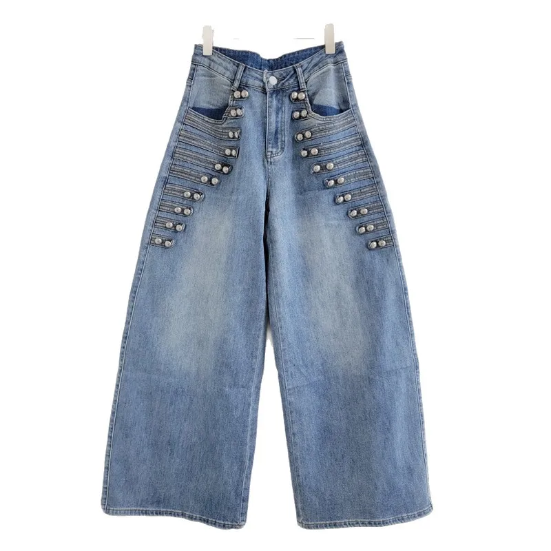 American Vintage Buckle Decoration Loose Straight Jeans 2026 New Autumn All-match High Waist Floor-length Wide Leg Denim Pants