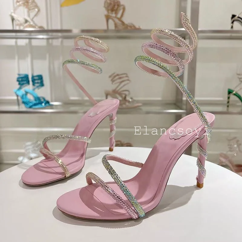 Verão novo cristal brilhante sandálias de salto fino feminino faixas elásticas gladiadores dedo do pé aberto moda sandalias banquete vestido sapatos