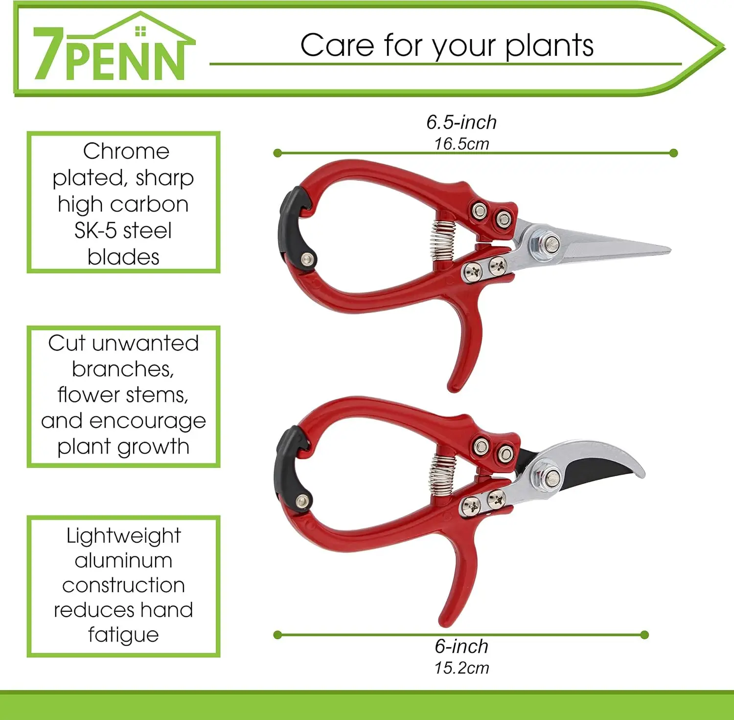 Garden Pruning Shears - 2pc Straight and Curved  Blade Gardening Hand Tools with Red Ergonomic  Handles