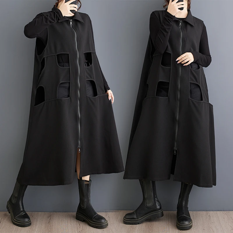 

Spring Autumn Long Zipper Casual Svel Over-Knee Vest Skirt Polyester Fiber Collar Commute Sle k Color