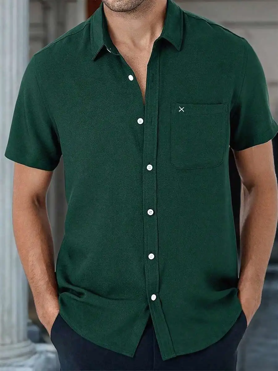 

Men's Solid Green Short Sleeve Button-Down Casual Shirt with Chest Pocket