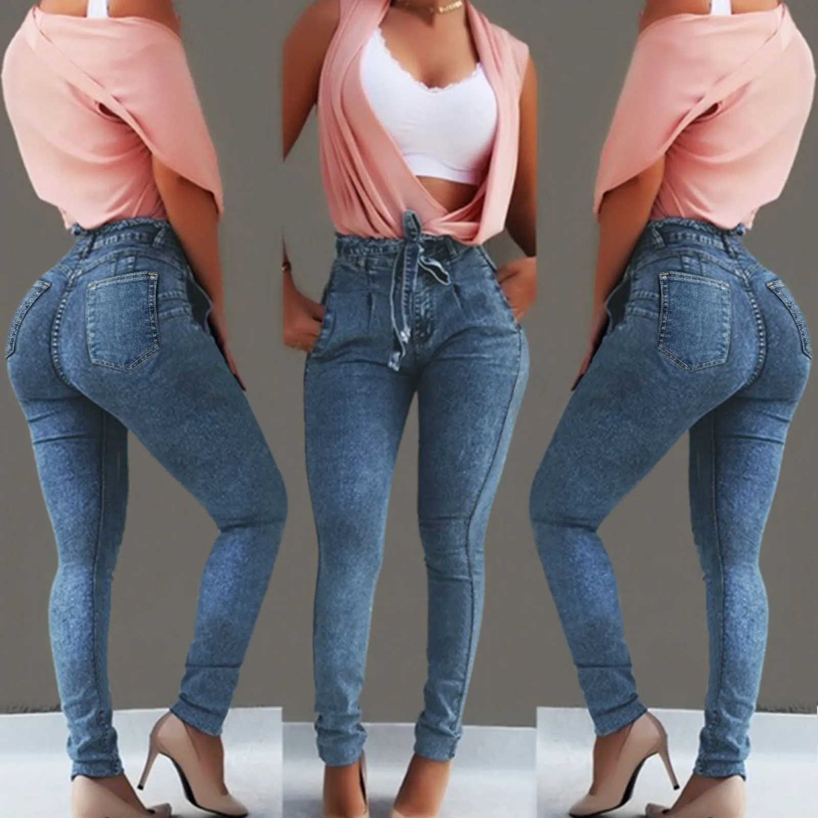 

Classic Plus Slim Trousers High-Waist Women'S Lace-Up Denim Casual Jeans Stretch Trousers Pants Women Denim Pants