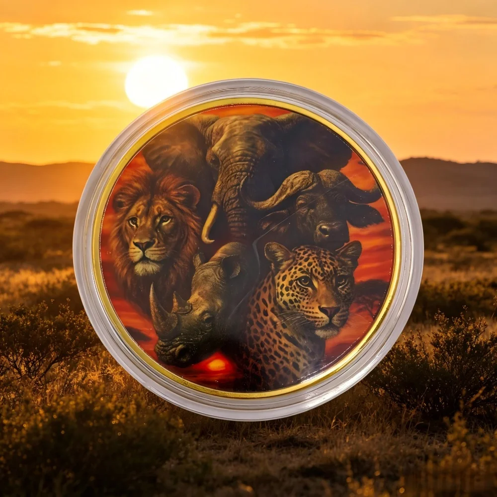 African Savanna Animals Coin Color Printed Lion Elephant Leopard Rhino Buffalo Commemorative Coin Wildlife Lover Gift  Souvenir