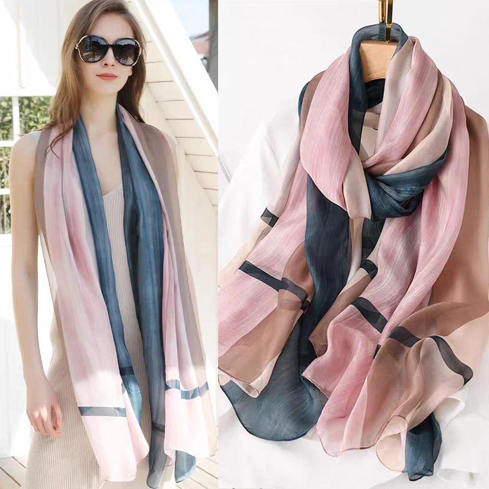 Orange Blue100% Silk Scarf Fashion Striped Design Long Scarves Ladies Summer Utralong Beach Shawl Winter Twill Scarves 195*110cm