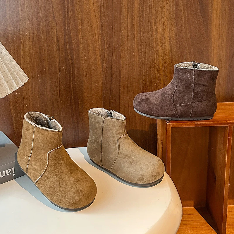 

Детские ботильоны с круглым носком, замшевые теплые детские полусапожки в корейском стиле, зима 2025, новые модные ботинки для мальчиков и девочек, универсальные мягкие