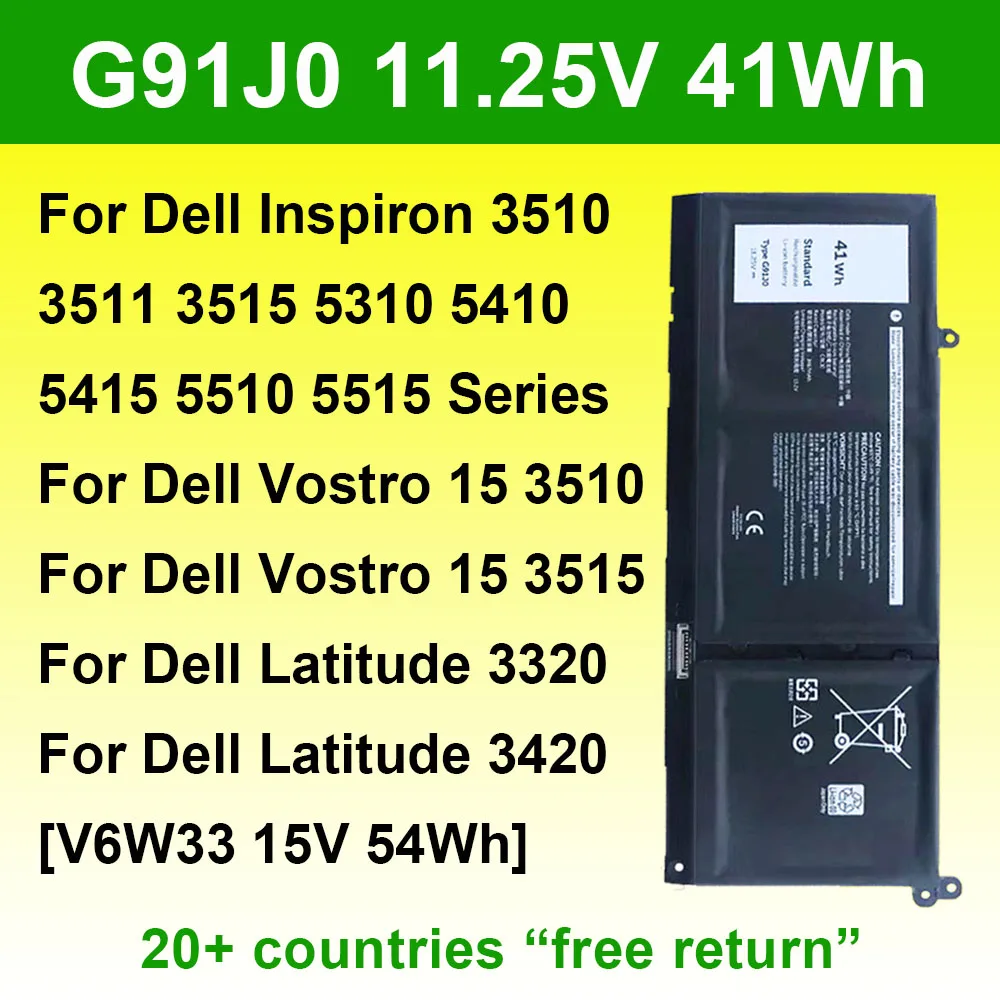 G91J0 V6W33 For Dell Vostro Inspiron 3510 3511 3515 5310 5410 5415 5418 5510 5515 5518 Latitude 3320 3420 Series Laptop Battery