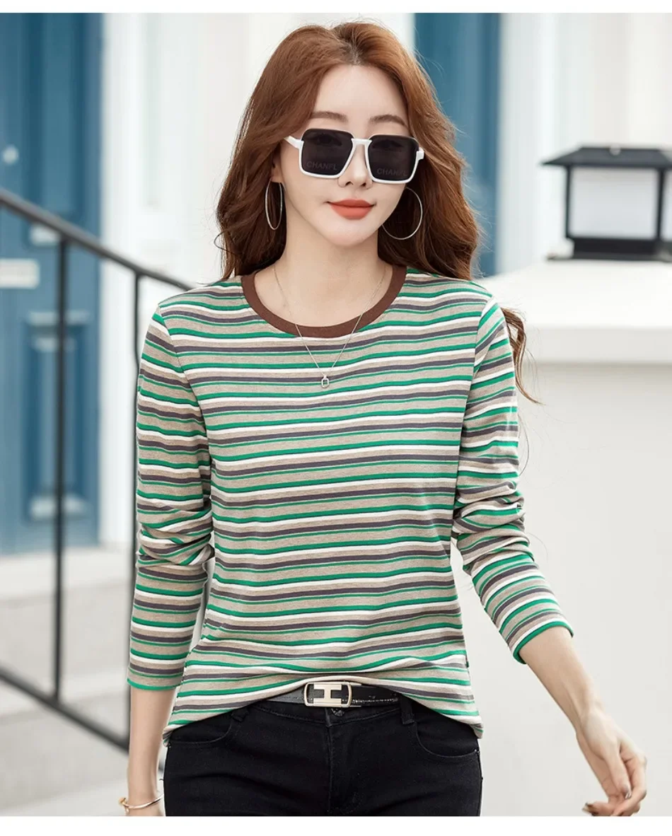 2024 neue Damen bekleidung Rundhals ausschnitt gestreiftes Unterhemd Frühling und Herbst Langarm Tops T-Shirt lose Innen lässig Top – Detail 8