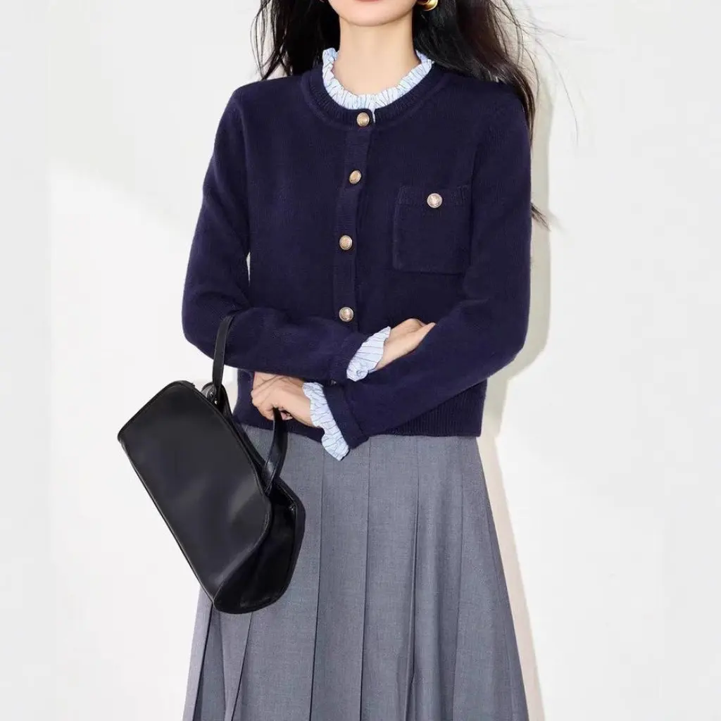 

Fall Winter New Korean Style Round Neck Knitted Sweater Top College Style Shirt Collar Open Cardigan Coat For Women