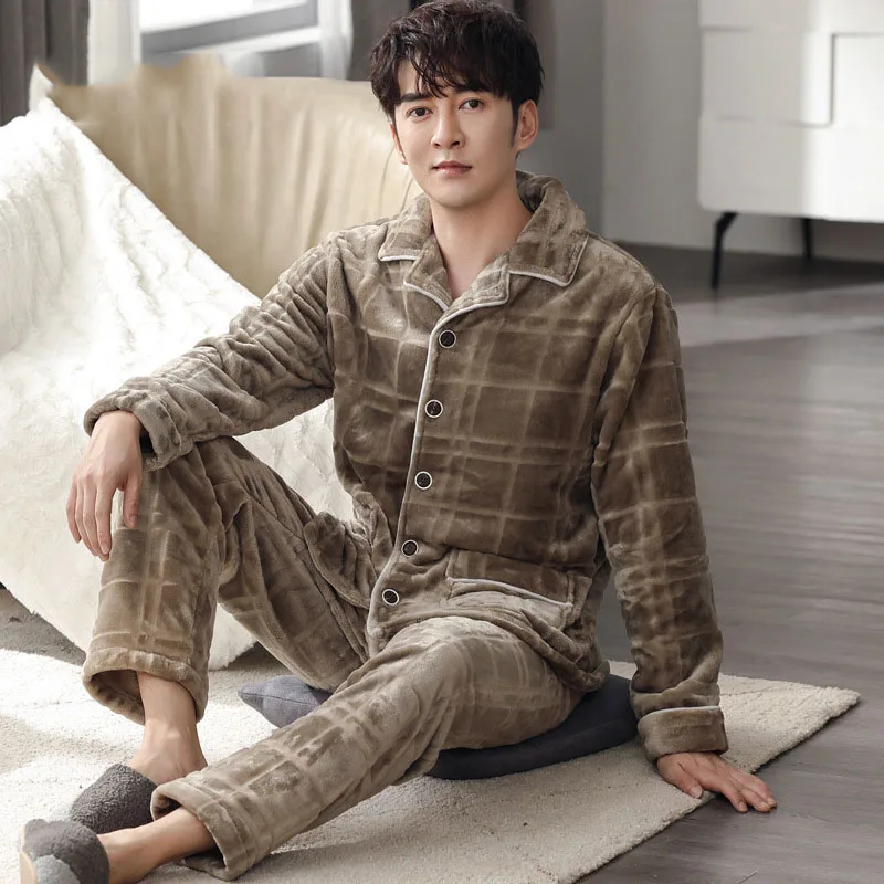 Pajamas Set Men Outfits Button-down Sleepwear With Pockets Winter Warm Home Clothes Coral Fleece Nightgown Lapel Lingerie