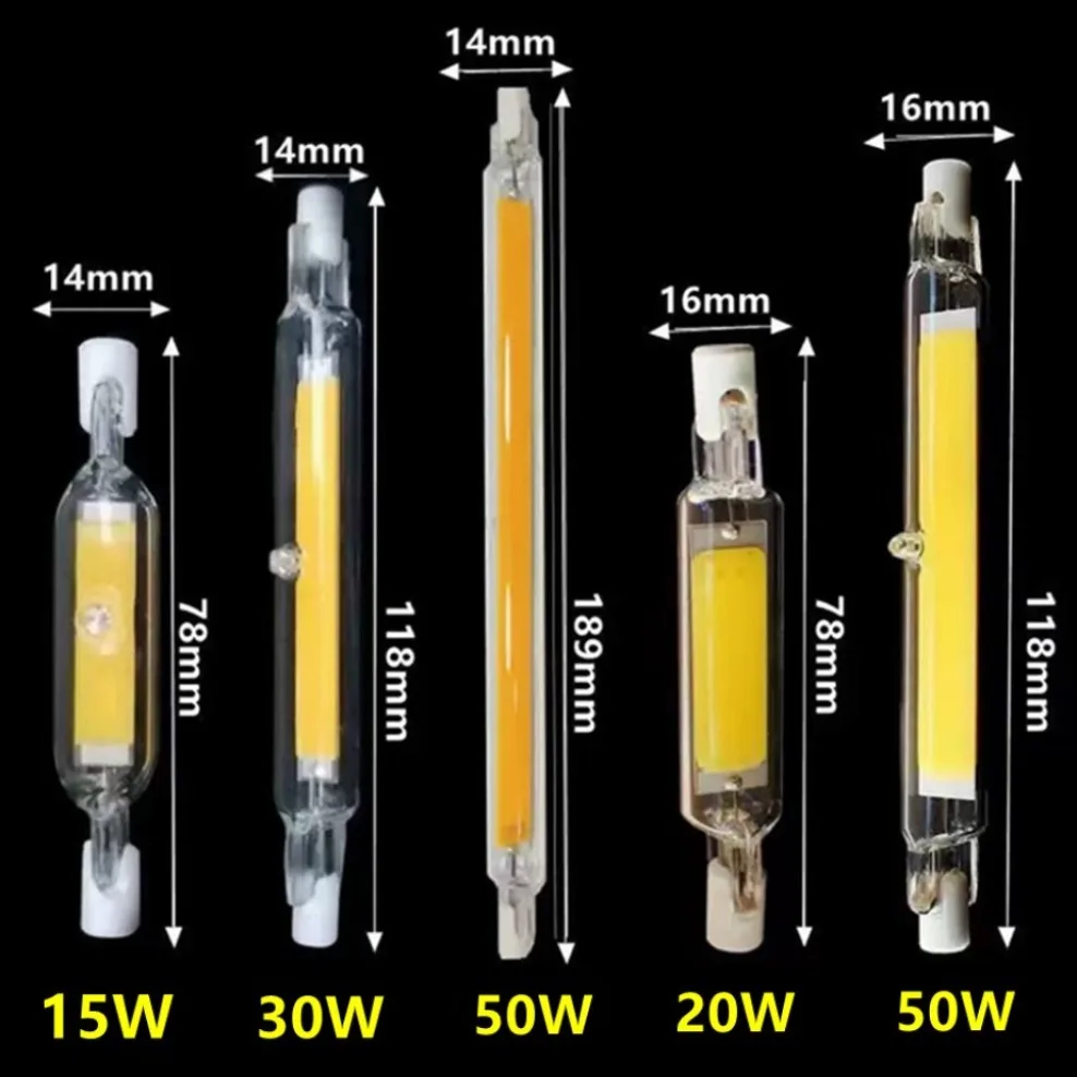 Super Bright Powerful LED Spotlight, lâmpada COB, tubo de vidro, substituir a luz de halogênio, R7S, 78mm, 185mm, AC220V, 110V, 118mm, 50W, novo