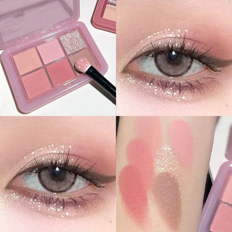 Paleta de sombra rosa clara Glitter, fosco, brilho, laranja, marrom, brilhante, 6 cores, paleta de maquiagem menina, cosméticos duradouros