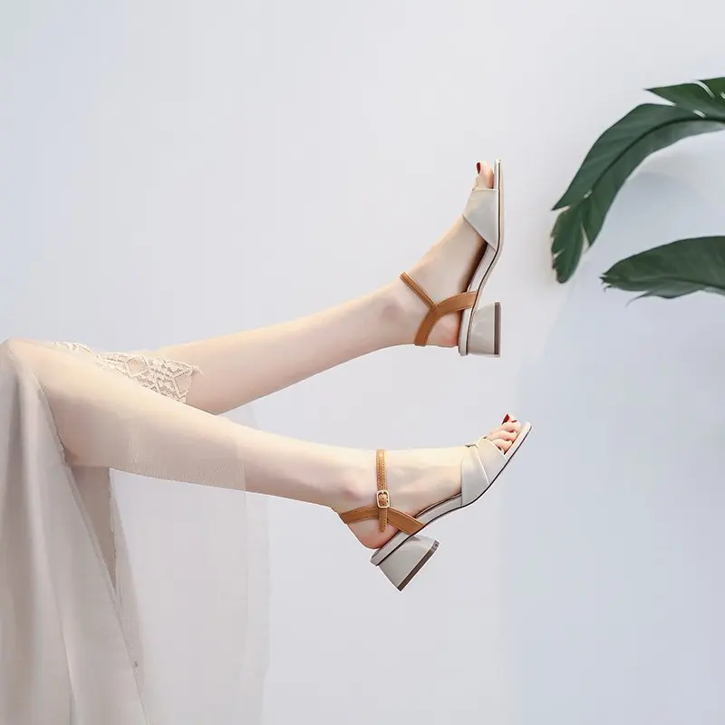 Fairy Style Square Head Color Contrast Open-toe Sandals Summer Thick Heel Fashion One-word Buckle Roman High Heel Women