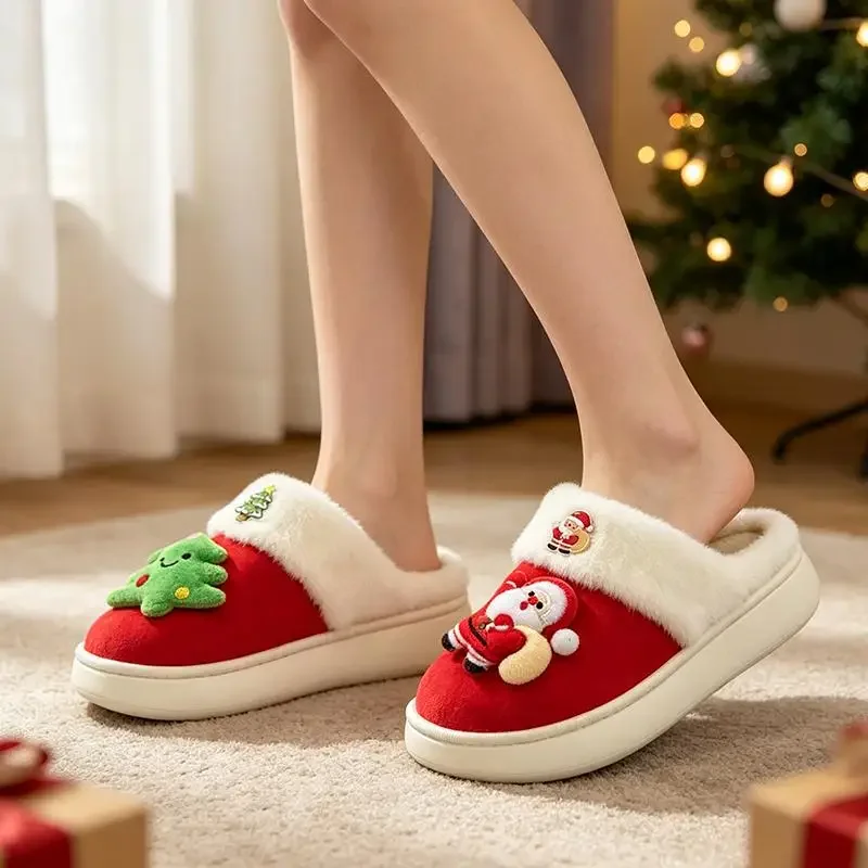2026 Damen Süße Weihnachtsmann-Plüsch-Weihnachtspantoffeln, Winterwarme Pelz-Innenpantoffeln, Damen-Plateau-Hausschuhe, Geschenk für Mädchen – Detail 4