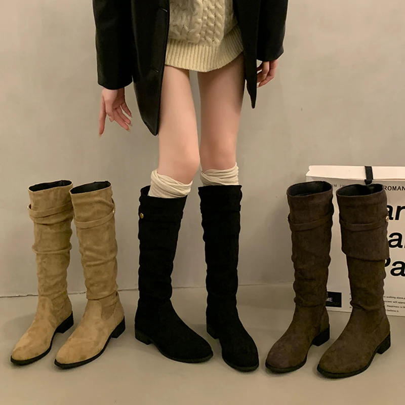 

Knee-high Khaki Boots Women's Folded Slim Long Boots Briti Sle Flat Heel Warm Rubber Outsole Autumn Winter Boots