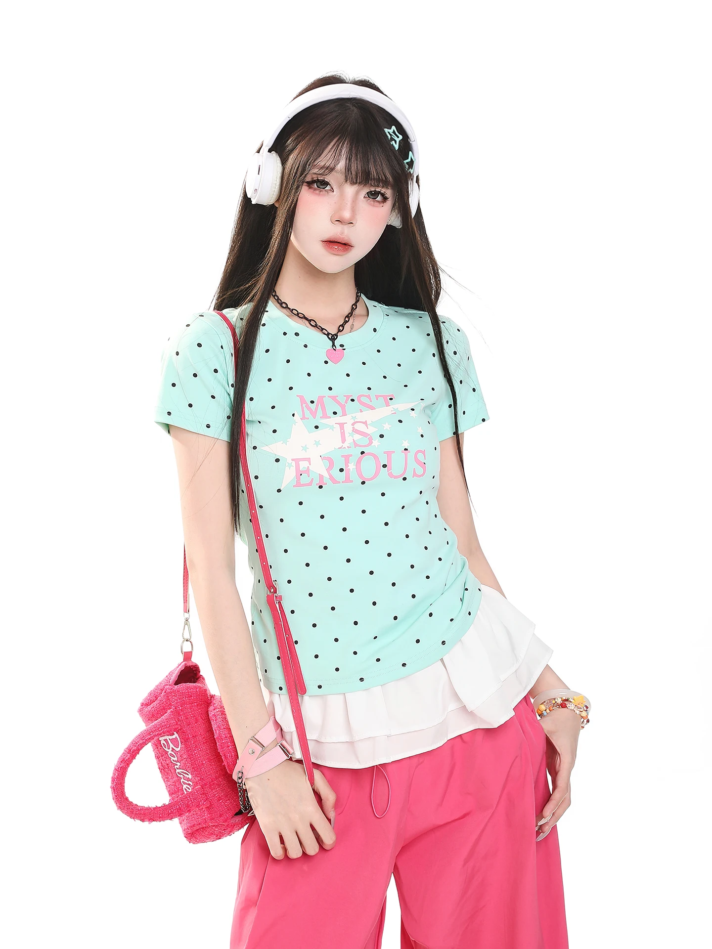 American Letter Print Polka Dot Short Sleeve Women's T-shirt Summer New Casual Slimming Young-looking round Neck Top