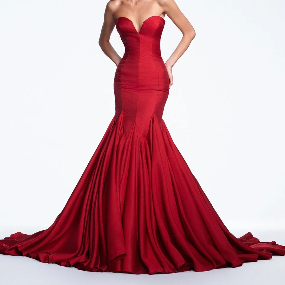 Customized Delicate Jersey A-Line Evening Dress Strapless Zipper Back Floor Length Sleeveless  Burgundy Panel Train Prom Gowns