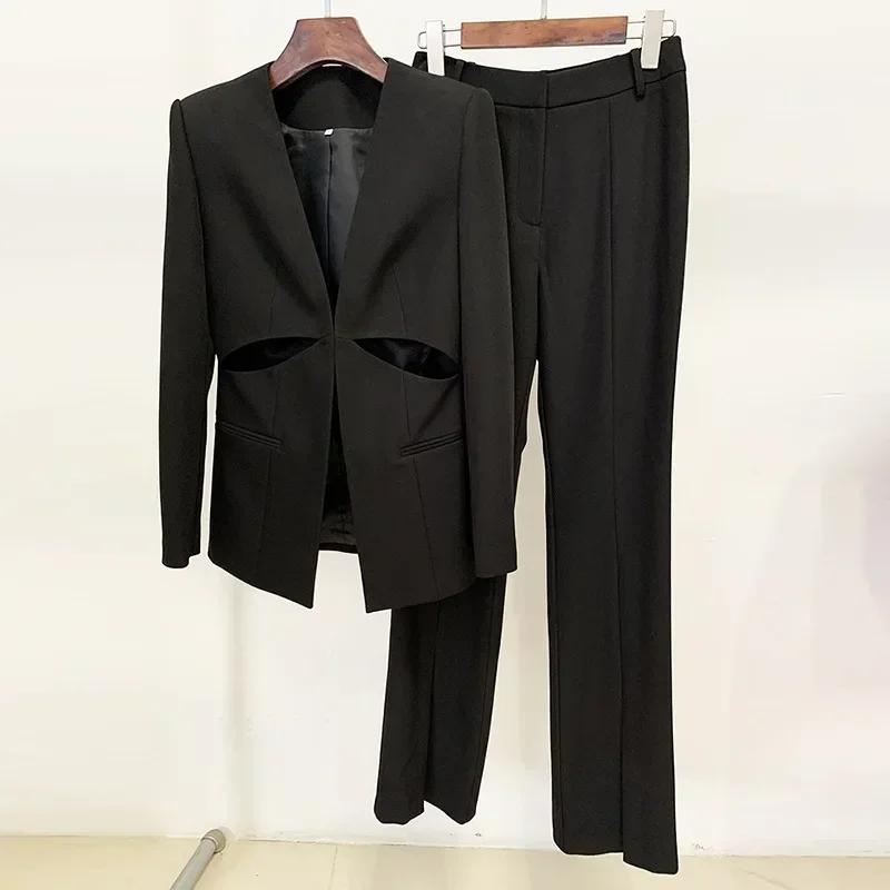 Conjunto de traje hueco para mujer, chaqueta Sexy, vestido de graduación de boda, ropa de trabajo de negocios para mujer, abrigo de niña de moda, Primavera, 2 piezas