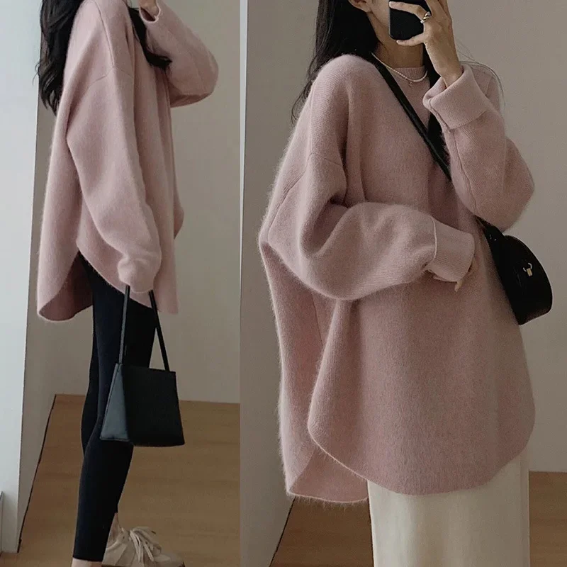 Knitted Sweater 2024 Autumn and Winter New Women Mid-length Loose Split Irregular High-end French Pullover Base Sweater