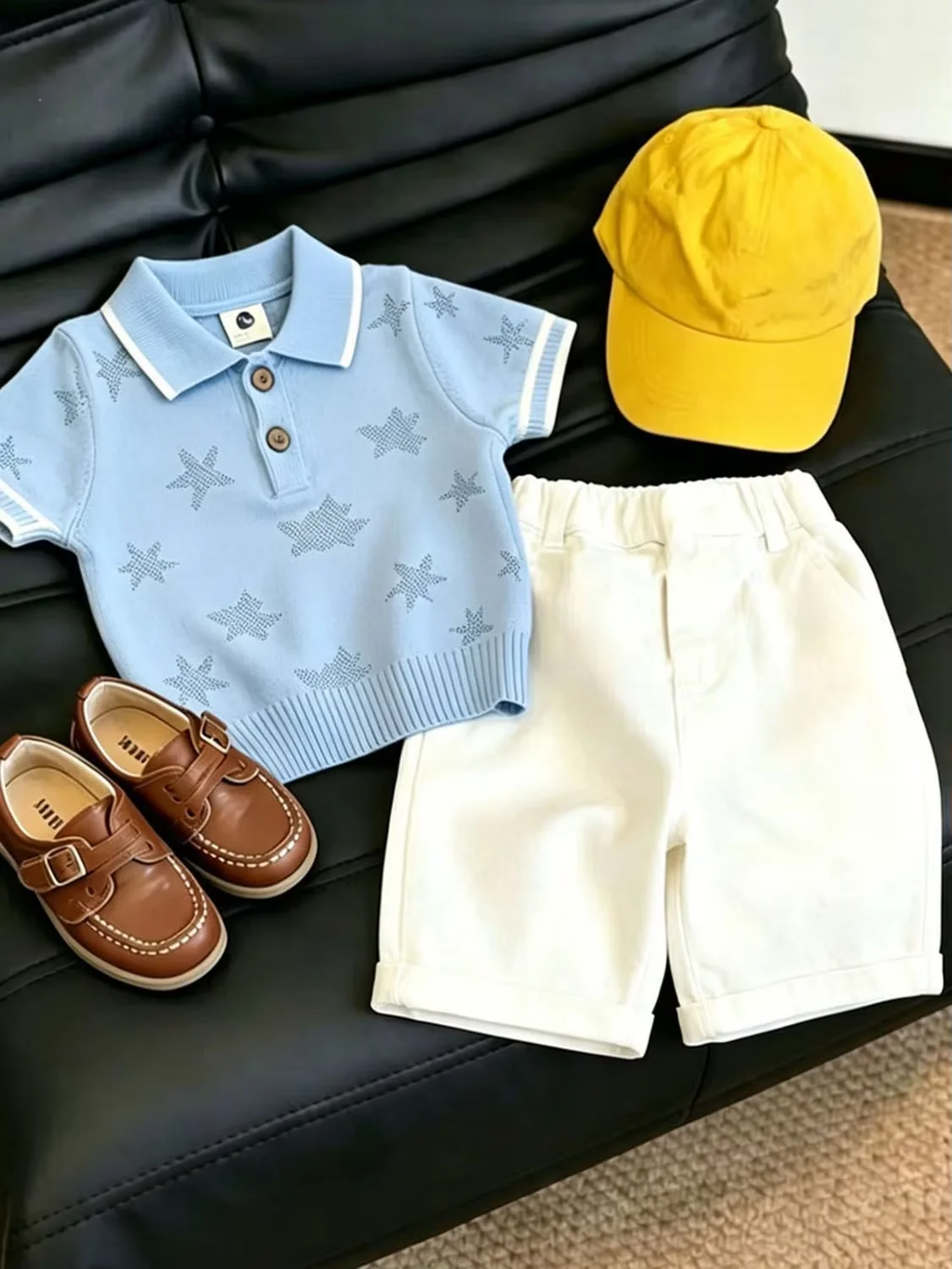Boys Set Summer New Kids Blue Hollow Star Polo Neck Short Sleeve Knitted Shirt Children's Casual Shorts Two-piece Set