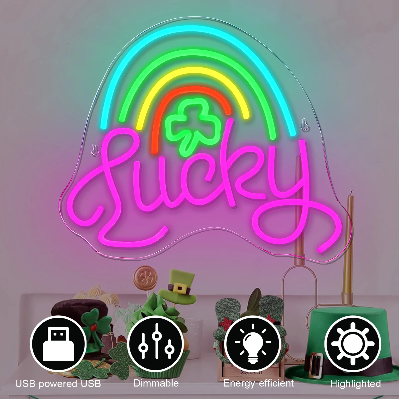 Lucky Clover Neon Sign For Wall Decor Rainbow LED Lights Room Decoration For Home Bedroom Birthday Party Bar Club Shop USB Lamp