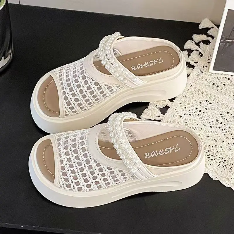 2026 Summer New Women Woven Hollow Peep Toe Slippers Thick Sole Lightweight Breathable String Bead Outdoor Wedges Slipper Sandal