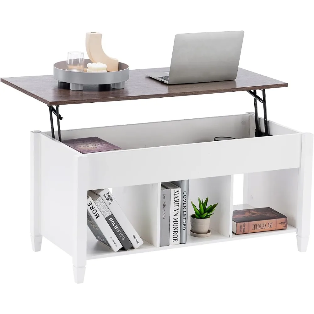 Lift Top Coffee Table with Storage Shelf w/Hidden Compartment and 3 Lower Open Shelves for Living Room,White
