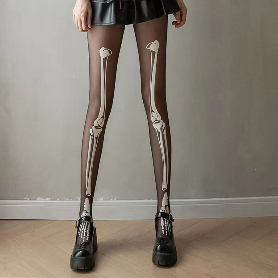 1-teilige sexy schwarze Strumpfhose mit weißem Knochenmuster, exklusiv zum Valentinstag, Gothic-Knochenmuster, Anti-Snag und ultradünn