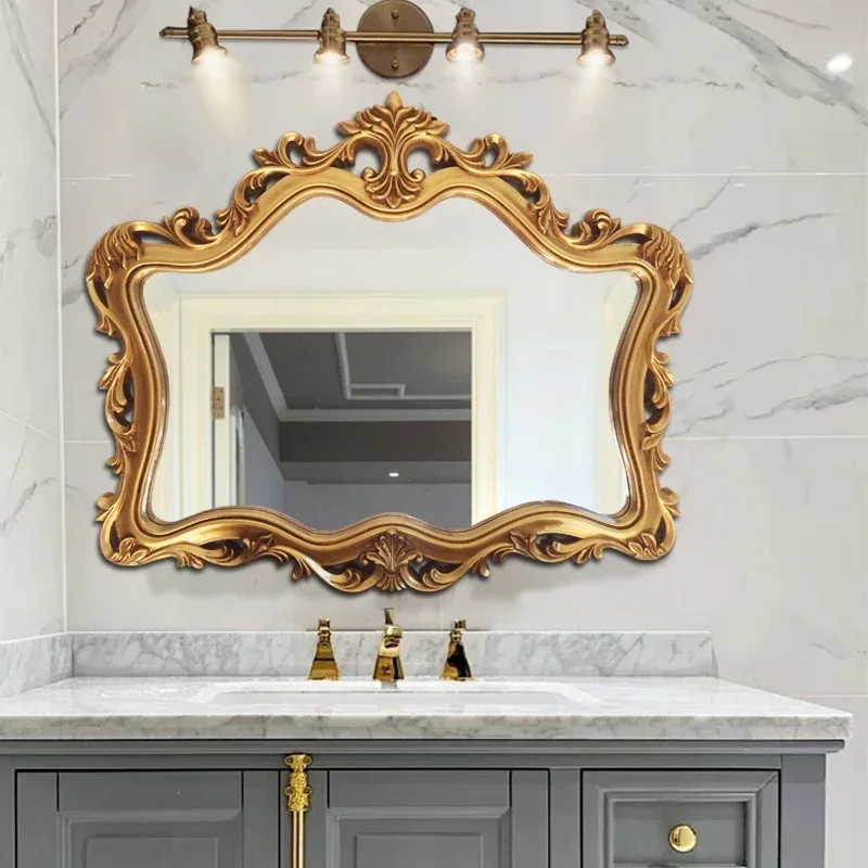 Antique Gold European Bathroom Mirror with Baroque Carved Frame, Wall Mounted Vanity Makeup Mirror for Hotel Home Decor