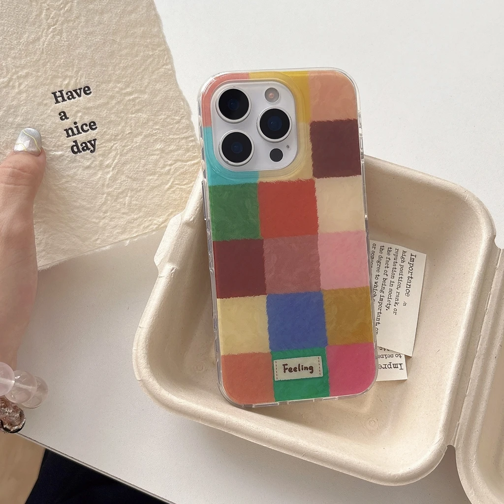 

Advanced Color Collision Splicing Colorful Grid Pattern Shock Proof Phone Cover Case for iPhone 17 16 15 14 13 Pro Max