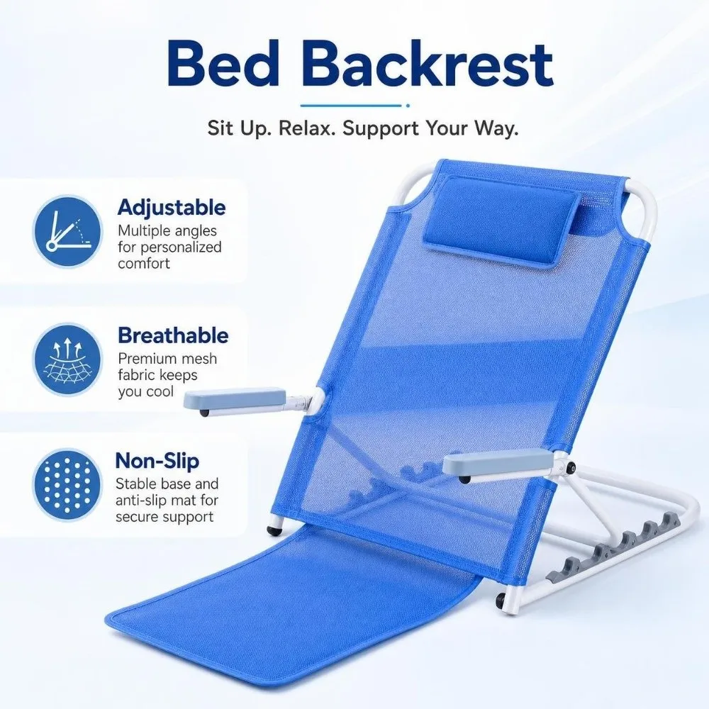 Adjustable Bed Backrest Foldable Breathable Elderly Backrest Chair Non Slip Stainless Steel Semi-Reclining Bed Chair Home Care