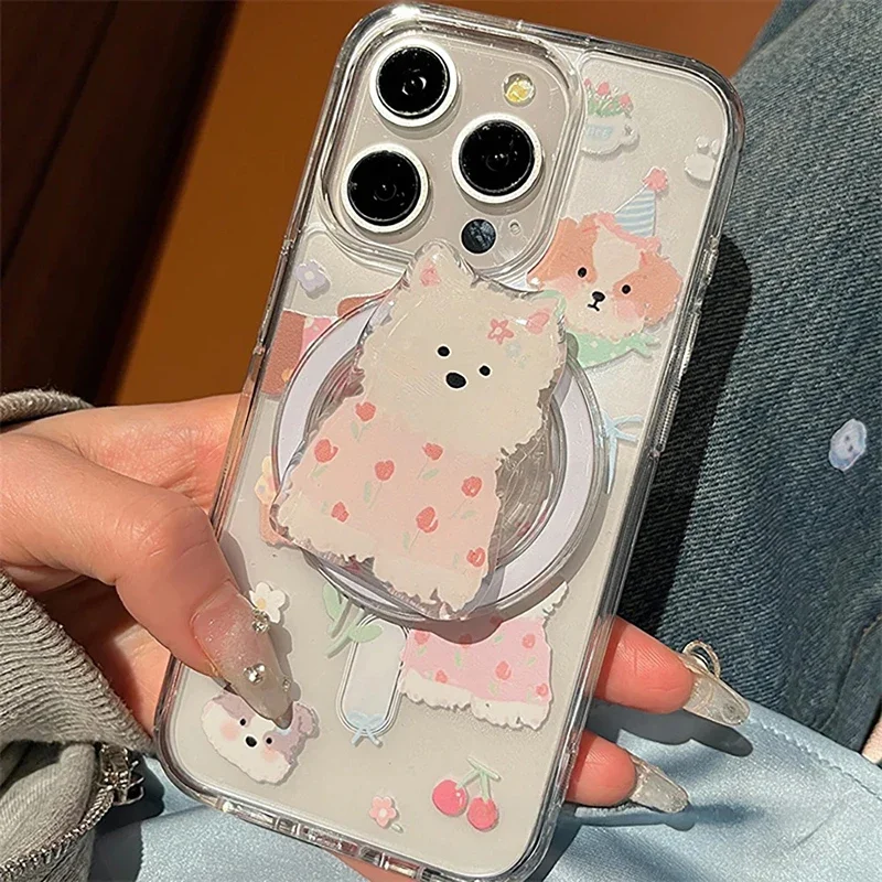 Cute Dog Flower Magsafe Case For iPhone 16 15 14 Pro Max 11 12 13 Pro XS Max X XR 7 8 Plus Magnetic Stand Holder PC Clear Cover
