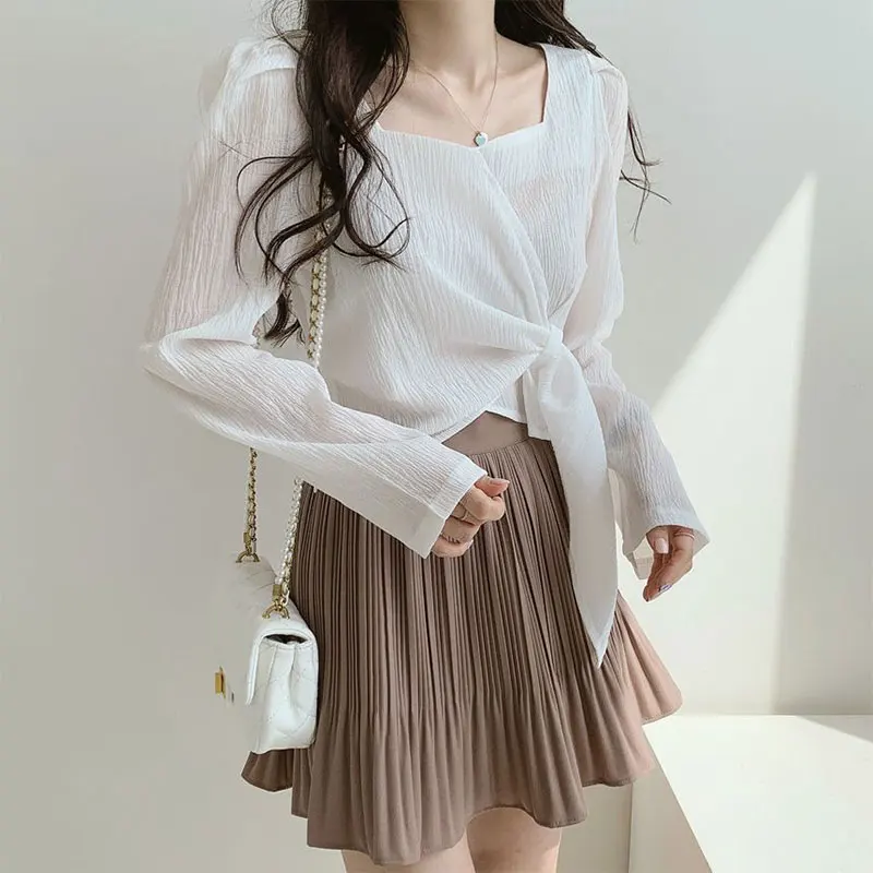 Women\'s Spring Fashion Simplicity Solid Color Square Collar Long Sleeve Shirts Women Clothes Elegant Temperament Casual Tops