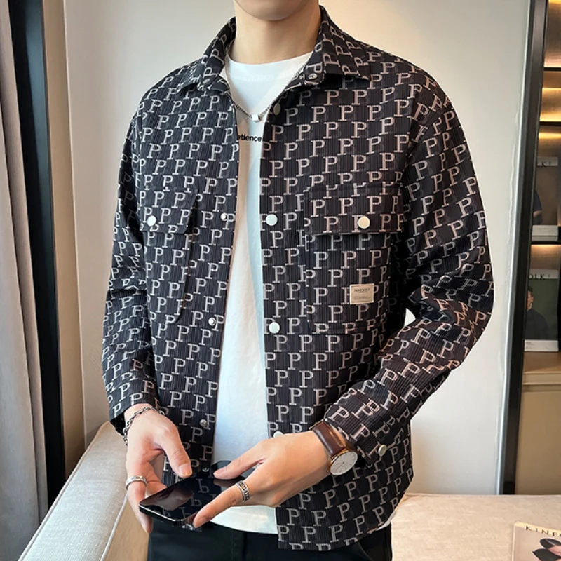 Korean Fashion Letter Printed Jacket for Men Autumn Multi Pocket Lapel Casual Shirt Jackets Versatile Casual Youth Outwear Coats