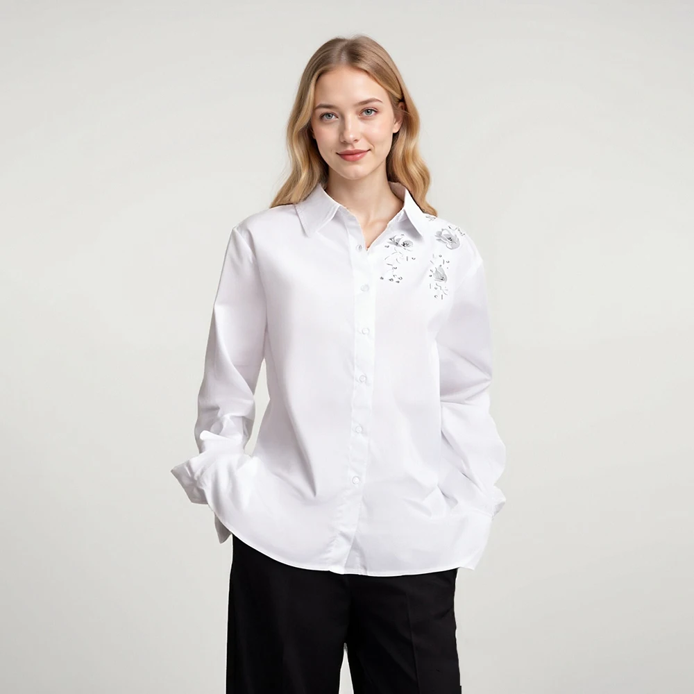 

Solid Casual Spliced Appliques Blouses For Women Lapel Long Sleeve Patchwork Button Loose Shirt Female Clothing
