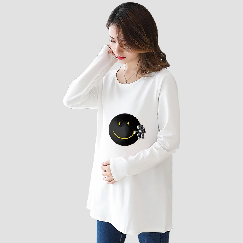 

Smiley Printed Customized Pregnant T-Shirt Girl Maternity Pregnancy Flattering Long SleeveShirt Mom Women Add Your Design