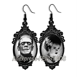 2024 New Frankenstein and His Bride Dangle Earring for Women Black Lace Earrings Oval Glass Photo Jewelry Gifts Party