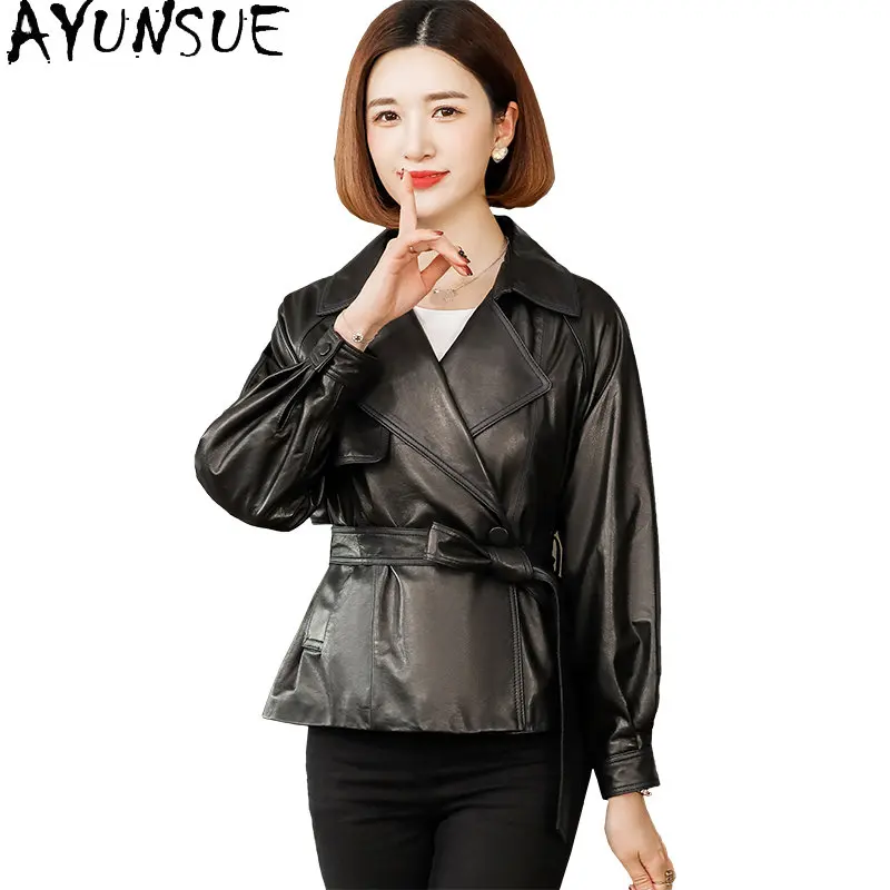 AYUNSUE-chaqueta de cuero genuino para mujer, abrigo de piel de oveja Real OL, Chaquetas elegantes de cuero, abrigos cortos con cordones