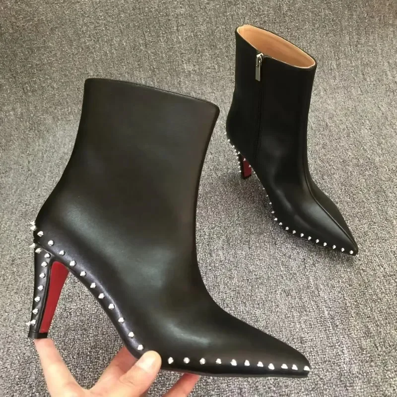 NEW Top Quality Red Bottom Boots for Women Sexy Pointed Toes with Silver Rivets Ladies Ankle Boots Luxury High Heels Shoes