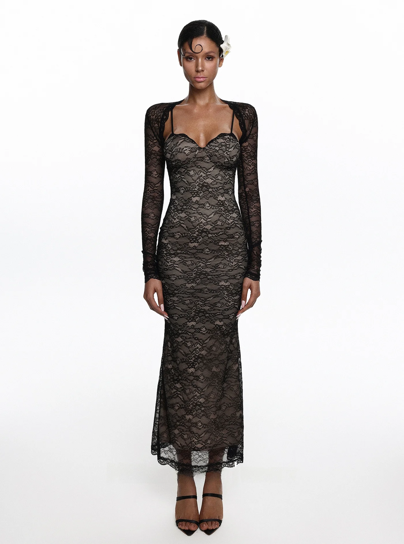 

Black Lace Outfit Strap Long Dress Sexy Black Lady Set with Shoulder Pad Casual Spring Fashion Women's Two-Piece Suit Nylon F...