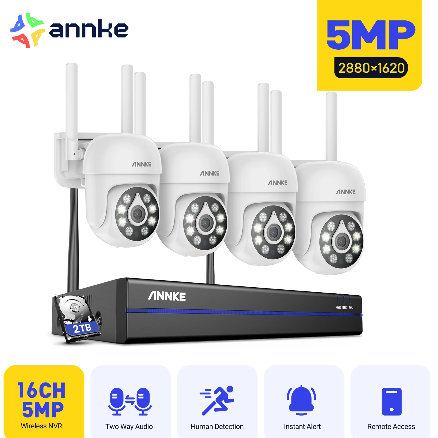 Annke H.264 + 5MP نظام CCTV لاسلكي 16CH NVR طقم مراقبة الفيديو اللون للرؤية الليلية اتجاهين الصوت واي فاي كاميرا PTZ 3.6 مللي متر