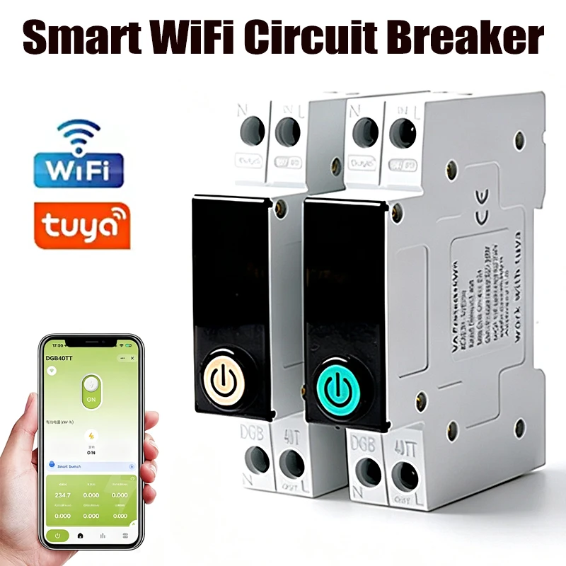 Tuya WiFi Smart Circuit Breaker 1P+N 63A Timer Power Energy kWh Voltage Current Meter Protector Voice Remote Control Switch