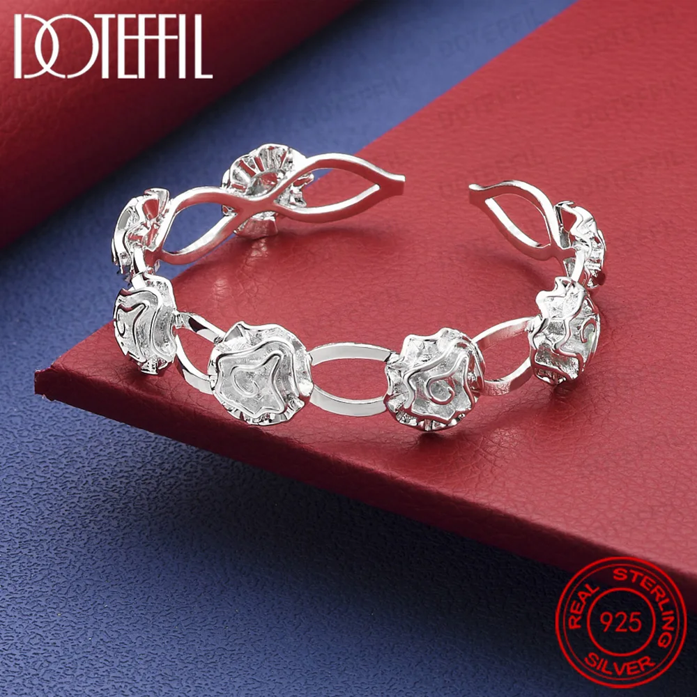 Brazalete abierto con flor rosa de plata de ley 925: joyería glamurosa para mujeres en fiestas