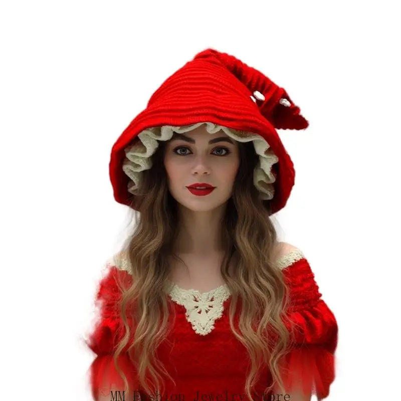 Elastic Knit Witch Hat With Long Tail Warmth Comfort Hoodie Hat for Masquerades D0UB