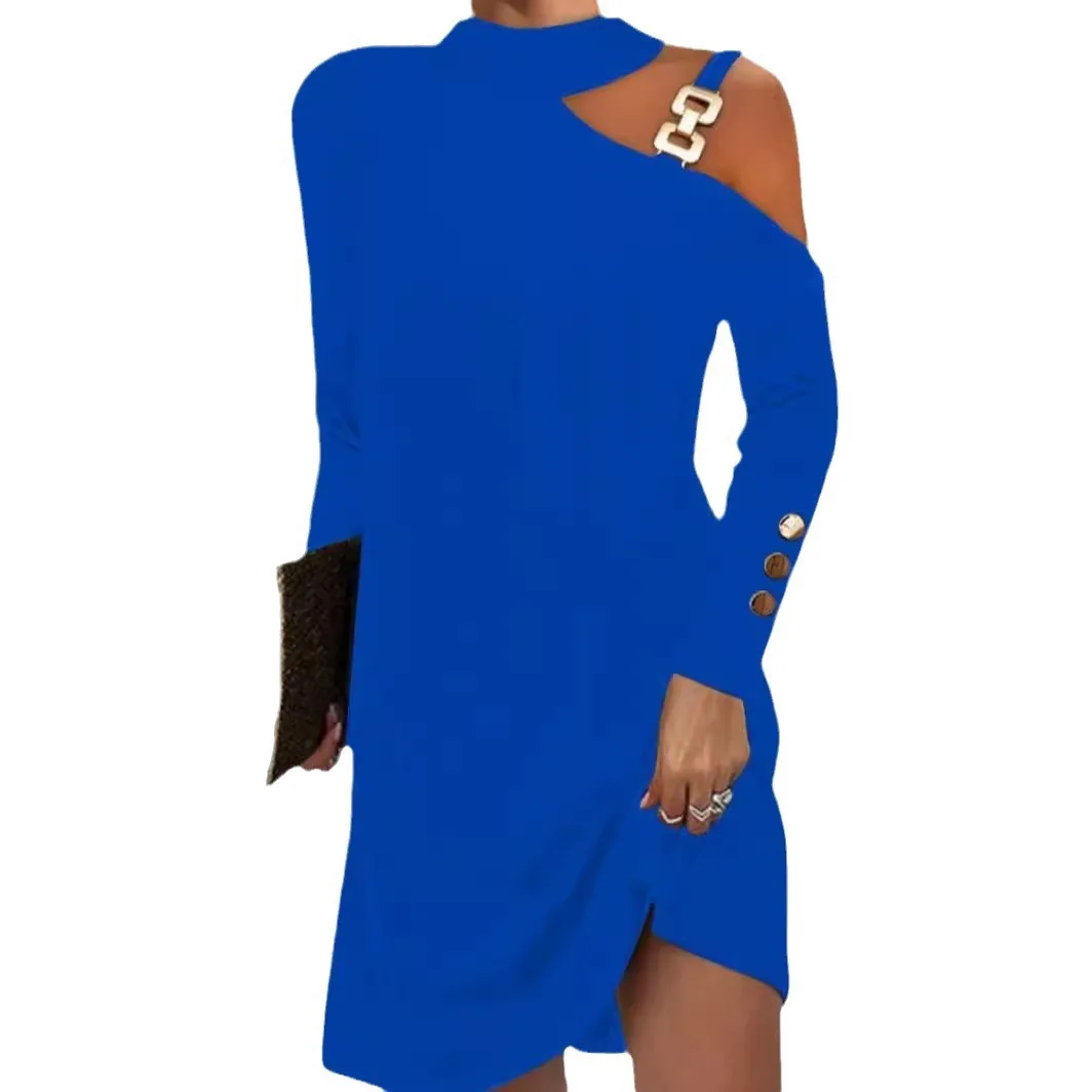 여성용 긴 소매 드레스 2025 가을 겨울 캐주얼 보헤미안 미디 파티 롱 드레스 가을 홀터넥 미디 드레스 메탈 버튼 포함