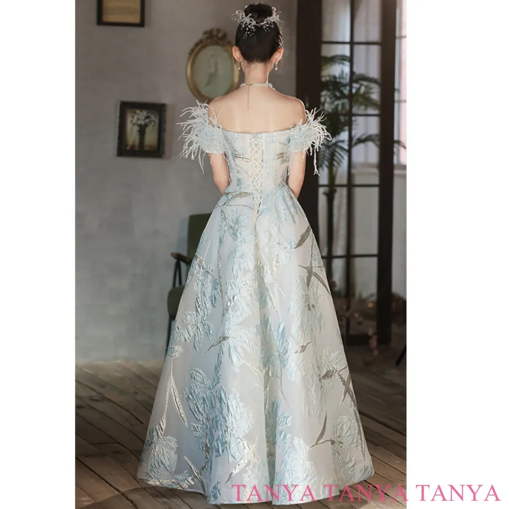 Classy Floral Print A-Line Wedding Dresses Elegant Off The Shoulder Decorated With Feathers Lace Up Back Bridal Gown SWD958