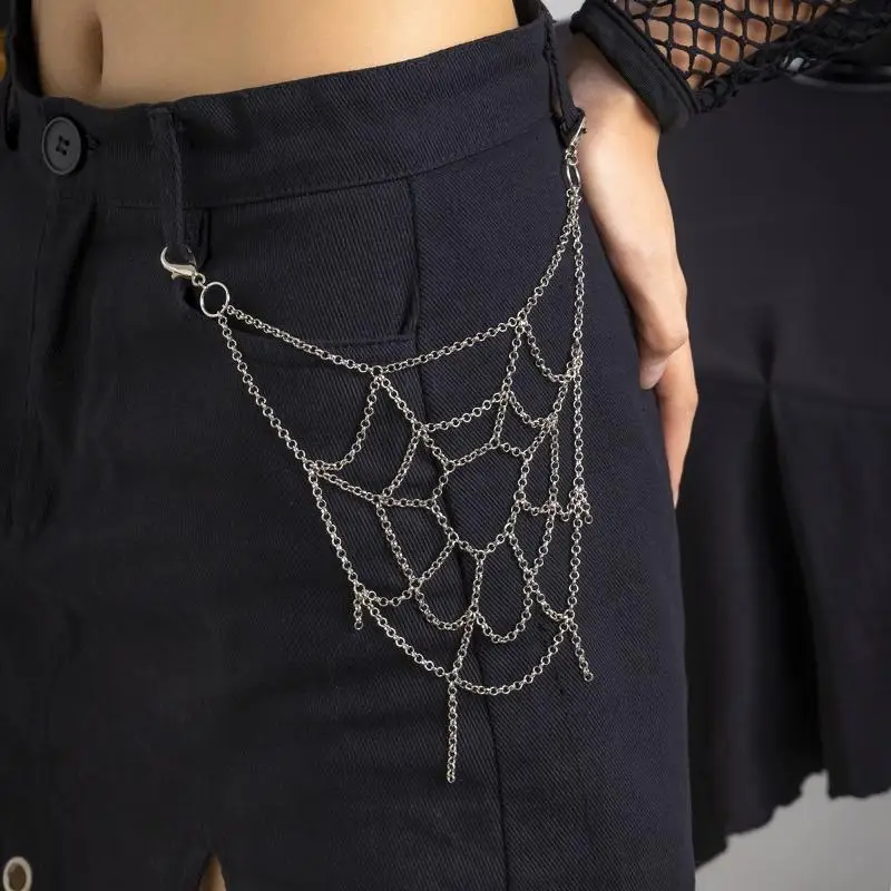New Hip Hop Gothic Waist Chain Punk Spider Web Metal Pants Chain with Tassel Unisex Accessory for Clubbing Street Dance Outfits