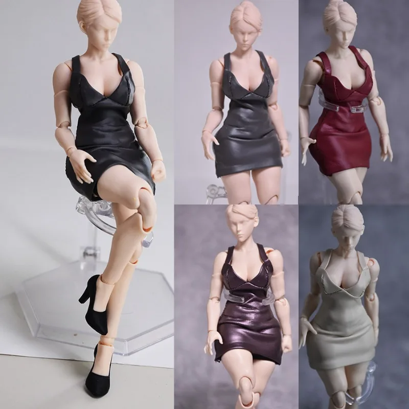 

1/12 Scale Female Solid Color Strap PU Leather Dress Clothes Model for 6'' Soldier NT-04 Romankey Action Figure Body