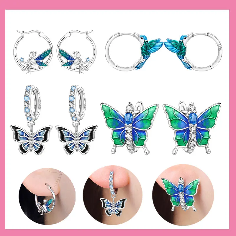 

9925 Sterling Silver Black Green Butterfly Hummingbird Elf Hoop Earrings Wedding Anniversary Jewelry Gift for Women