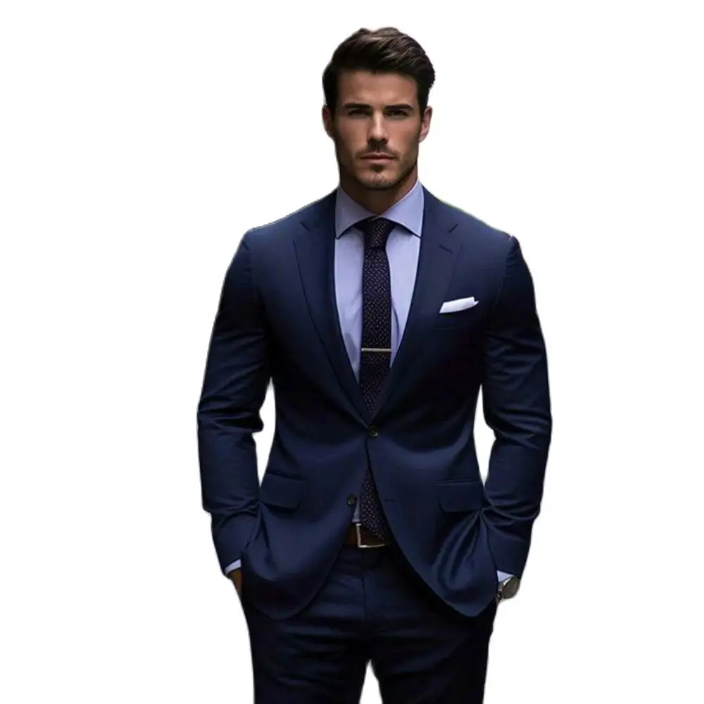 Elegant Navy Blue Solid Men Suits Two Piece Formal Notch Lapel Single Breasted Slim Fit Outfits Office Business Casual Suits