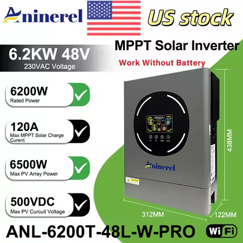 Aninerel 6.2KW 48V Hybrid Solar Inverter 220V Pure Sine Wave Inverter Off/on grid builtin MPPT 120A Solar Charge Controller WiFi